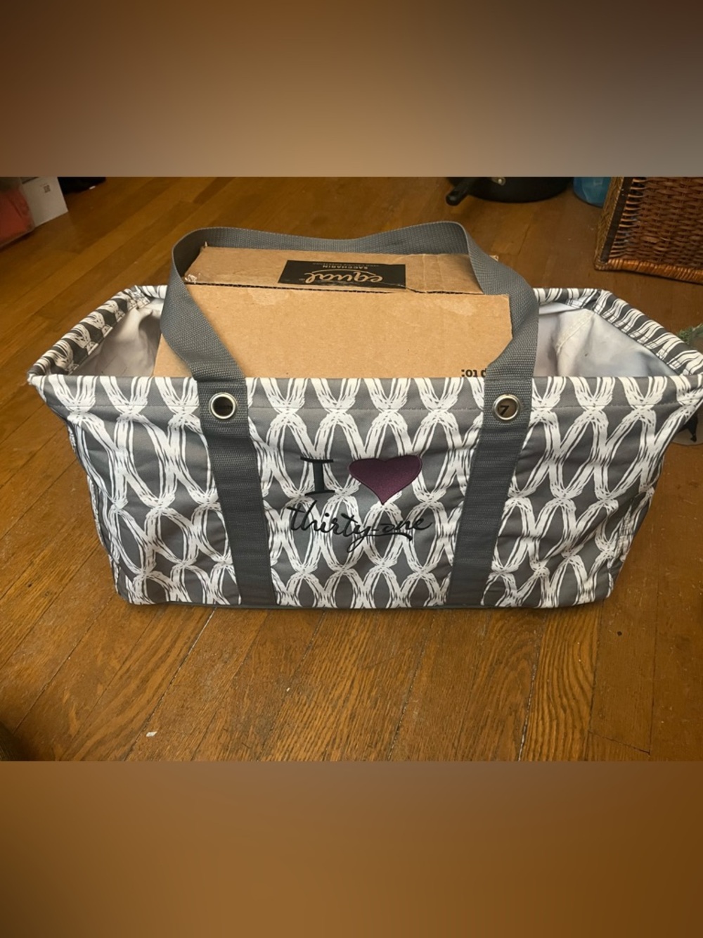 Thirty One Gray Patterned Tote Bag with Heart Accent